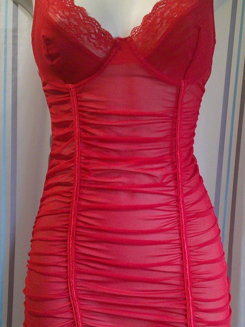 "Just Sexy Lingerie" Ruched Red Slip Underwire Cups Semi-Sheer Sz M